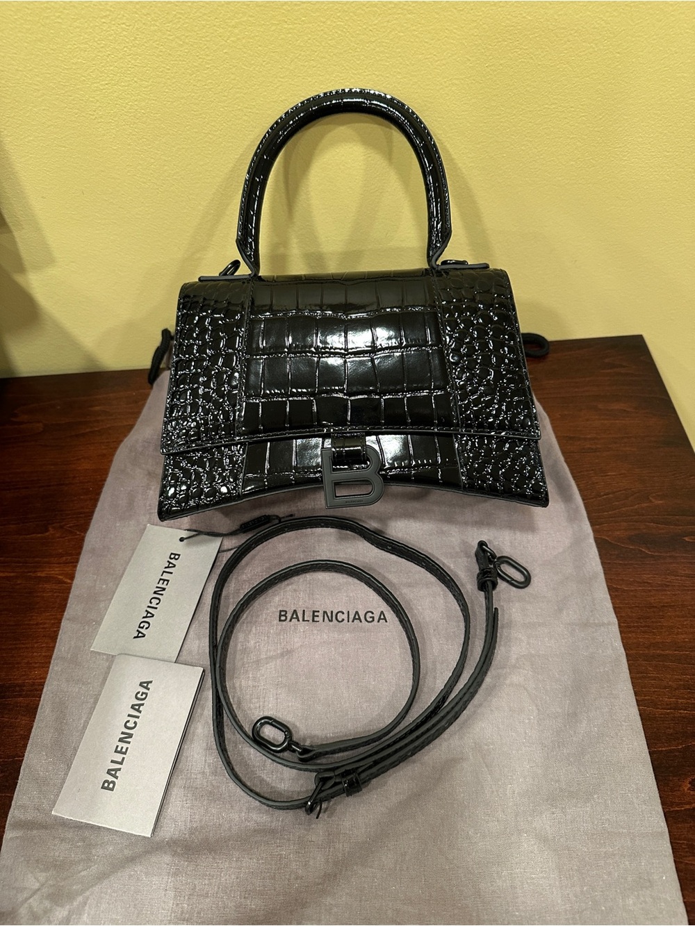 Balenciaga Black Croc-Embossed Patent Mini Top-Handle Bag